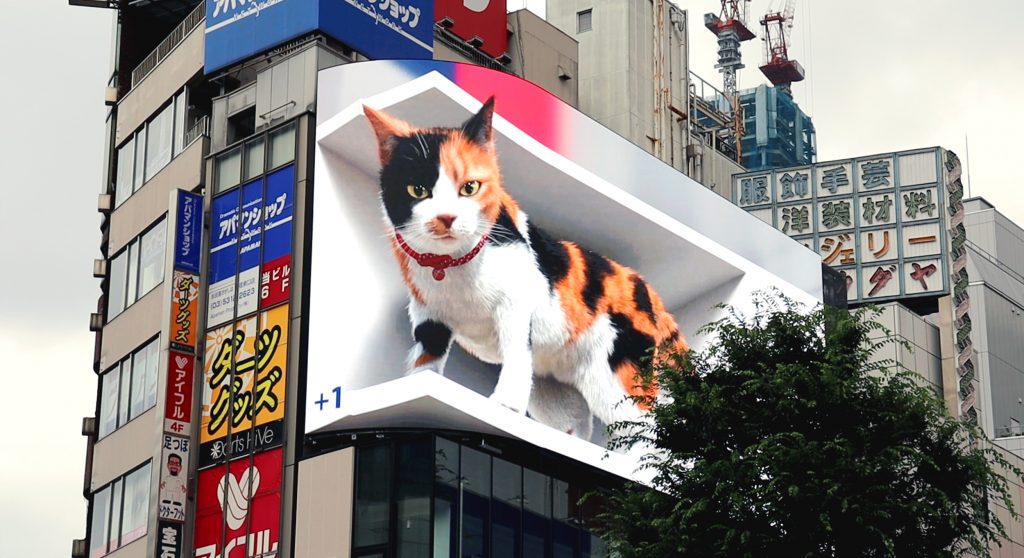 (видео) В Токио на торговом центре установили билборд с огромным 3D-котом. Он спит и мяукает