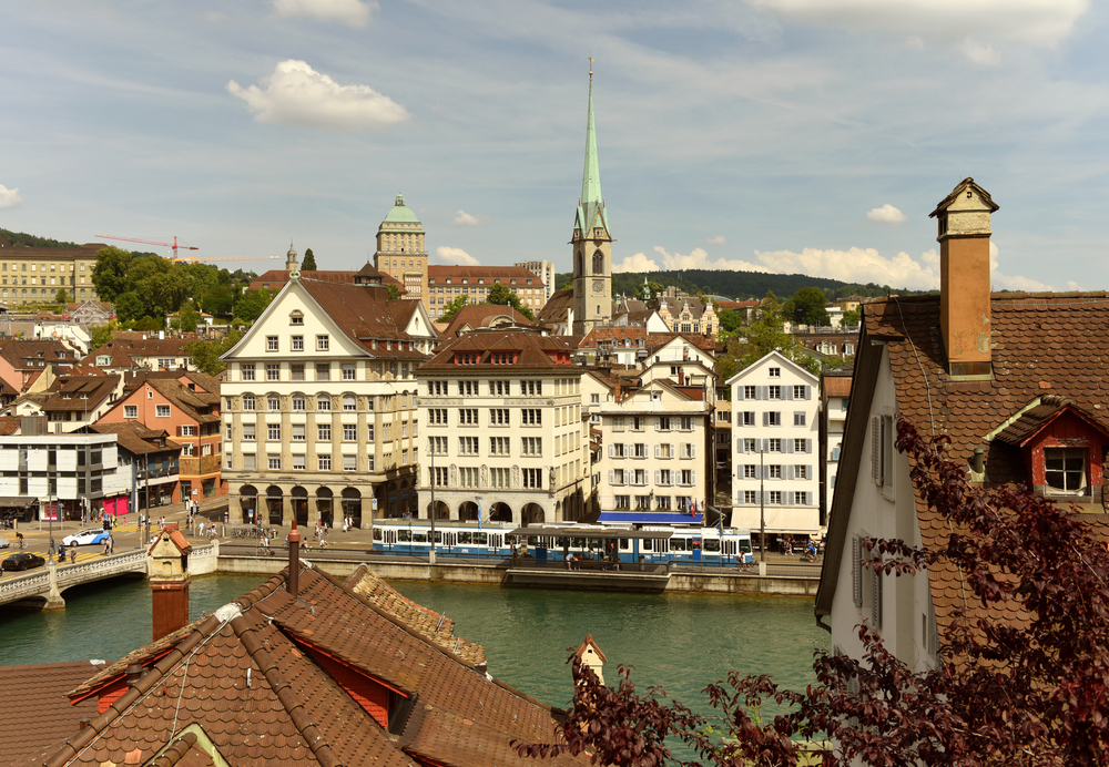 Zurich cityscape with Predigerkirche church and Main building of