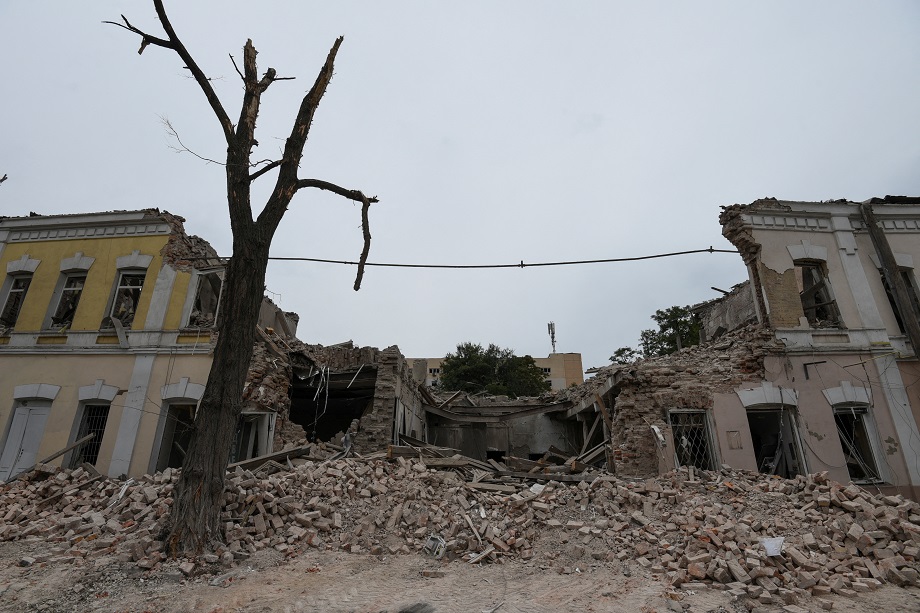 A view shows a building destroyed by a Russian missile strike in Dnipro