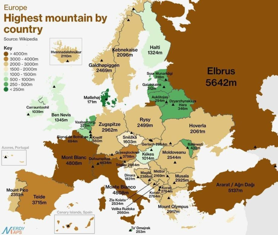 карта) Список европейских стран с более низкой высотой над уровнем моря,  чем Республика Молдова - #diez на русском