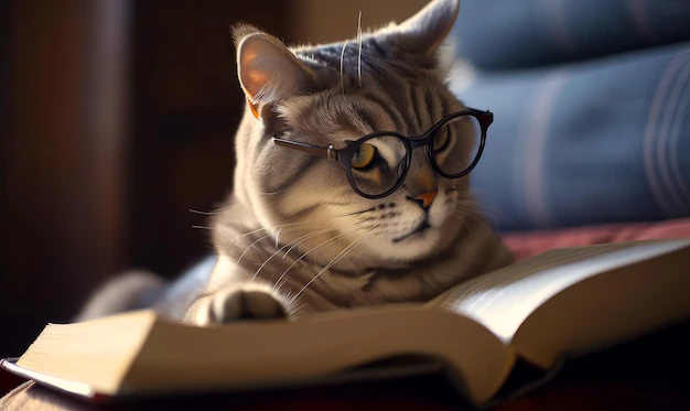 smart-grey-striped-cat-wearing-glasses-reading-a-book-cute-domestic-pet-close-up-generative-ai_116317-25124