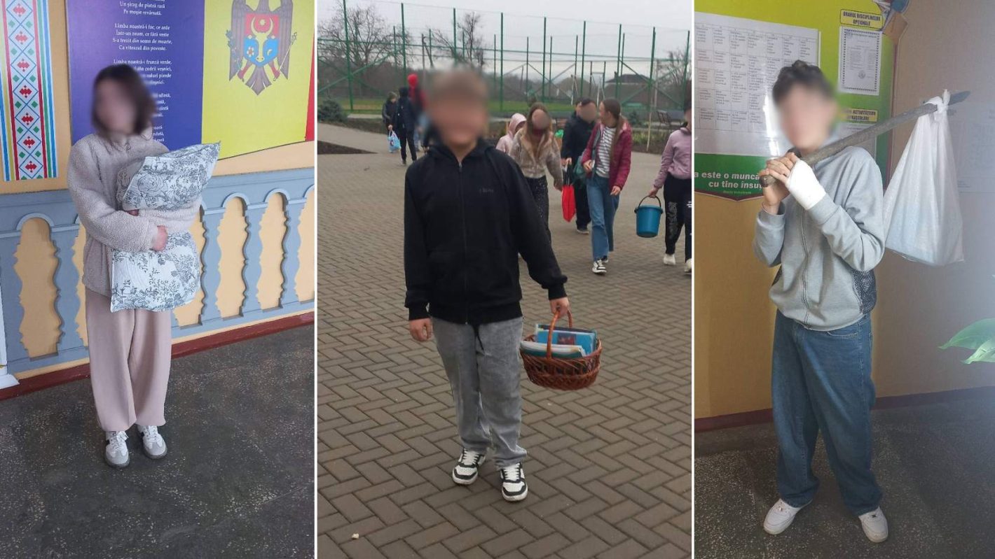 (фото) Ведра, подушки и кульки вместо школьных рюкзаков: в гимназии района Резина провели акцию ко Дню смеха